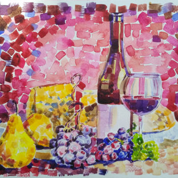 Painting titled "Still life with wine" by Olga Larina, Original Artwork, Watercolor