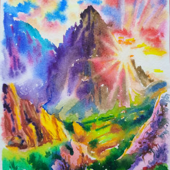 「Sun in the mountains」というタイトルの絵画 Olga Larinaによって, オリジナルのアートワーク, 水彩画