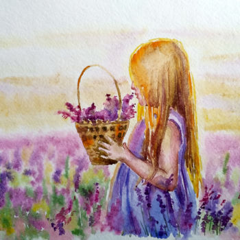 Painting titled "Girl in lavender fi…" by Olga Larina, Original Artwork, Watercolor