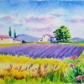 「Provence landscape」というタイトルの絵画 Olga Larinaによって, オリジナルのアートワーク, 水彩画
