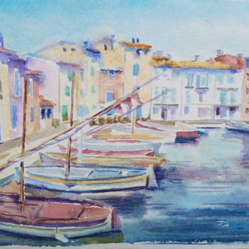 Картина под названием "Harbor boats" - Olga Larina, Подлинное произведение искусства, Акварель