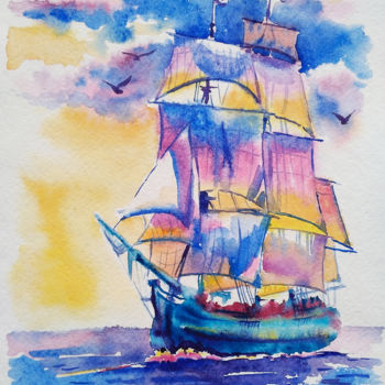 Peinture intitulée "Sailing ship at sun…" par Olga Larina, Œuvre d'art originale, Aquarelle