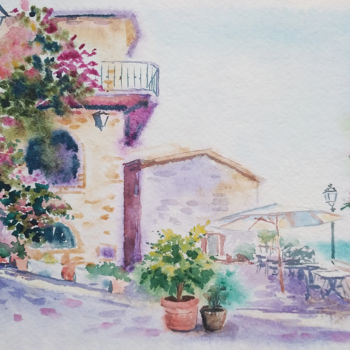 Painting titled "Mediterranean town" by Olga Larina, Original Artwork, Watercolor