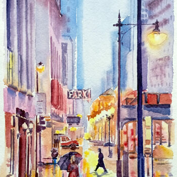 Painting titled "Rainy new york" by Olga Larina, Original Artwork, Watercolor