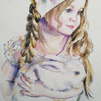 Картина под названием "Little girl with ra…" - Olga Larina, Подлинное произведение искусства, Акварель