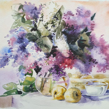 Картина под названием "Lilacs bouquet" - Olga Larina, Подлинное произведение искусства, Акварель