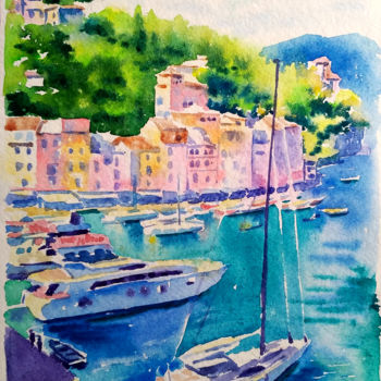 Peinture intitulée "Harbor of Italy" par Olga Larina, Œuvre d'art originale, Aquarelle