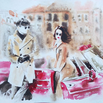 Картина под названием "Couple in retro sty…" - Olga Larina, Подлинное произведение искусства, Акварель