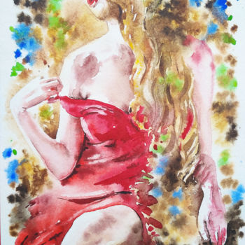 Painting titled "Lady in red" by Olga Larina, Original Artwork, Watercolor