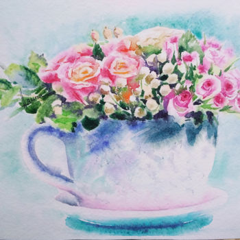 Картина под названием "Bouquet in a cup" - Olga Larina, Подлинное произведение искусства, Акварель