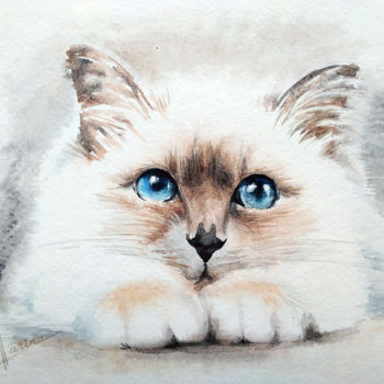 Schilderij getiteld "White kitten" door Olga Larina, Origineel Kunstwerk, Aquarel