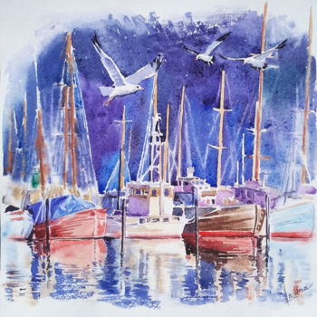 Картина под названием "Yachts pier" - Olga Larina, Подлинное произведение искусства, Акварель