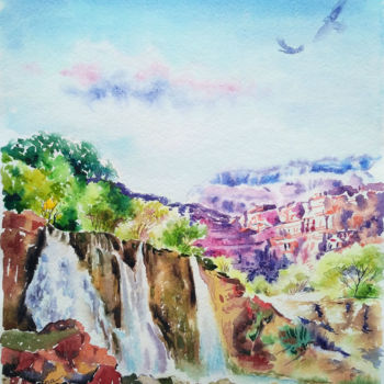 Painting titled "Canyon waterfall" by Olga Larina, Original Artwork, Watercolor