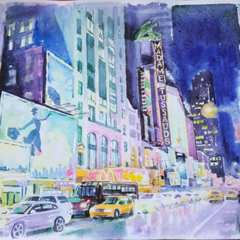 Картина под названием "Street of night New…" - Olga Larina, Подлинное произведение искусства, Акварель
