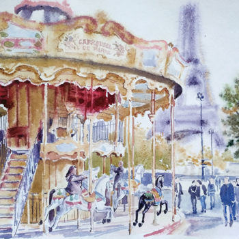 Painting titled "Paris carousel" by Olga Larina, Original Artwork, Watercolor