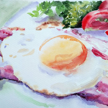 Malerei mit dem Titel "Bacon and eggs" von Olga Larina, Original-Kunstwerk, Aquarell