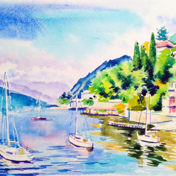 Painting titled "Lake Como" by Olga Larina, Original Artwork, Watercolor