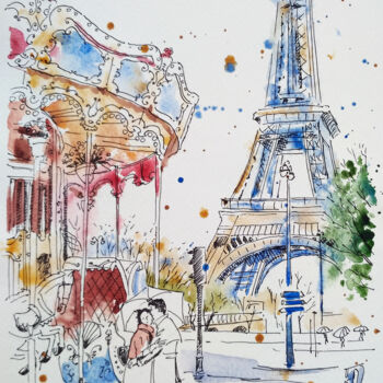 Картина под названием "Parisian mood" - Olga Larina, Подлинное произведение искусства, Акварель