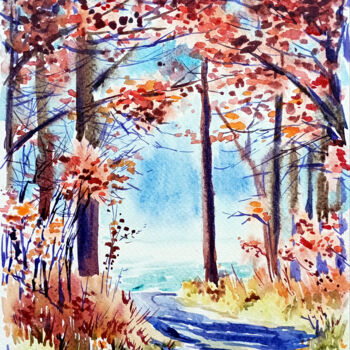 Картина под названием "Forest road" - Olga Larina, Подлинное произведение искусства, Акварель