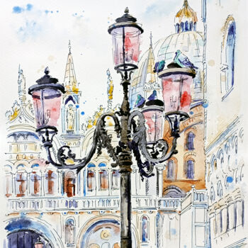 Pintura titulada "Lanterns of Venice" por Olga Larina, Obra de arte original, Acuarela