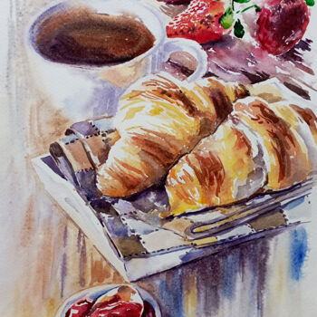 Painting titled "Croissant with stra…" by Olga Larina, Original Artwork, Watercolor