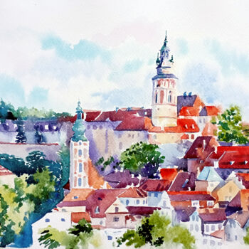 Painting titled "Red roofs of the ol…" by Olga Larina, Original Artwork, Watercolor