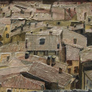 Painting titled "Toits de Moustiers…" by Pierre Laroche, Original Artwork, Oil Mounted on Cardboard