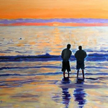 Peinture intitulée "Sunset Fishermen" par Herscovitch Larry, Œuvre d'art originale, Huile