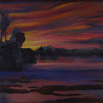 Painting titled "Sunset in Cambodia" by Larisa Girenok, Original Artwork, Oil Mounted on Wood Stretcher frame