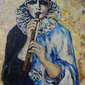 Painting titled "Pierrot. The Heart-…" by Larisa Girenok, Original Artwork, Oil Mounted on Wood Stretcher frame