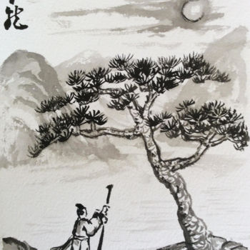 Peinture intitulée "sumi "poète au clai…" par Lan Xiao Long-Freddy Laschon, Œuvre d'art originale