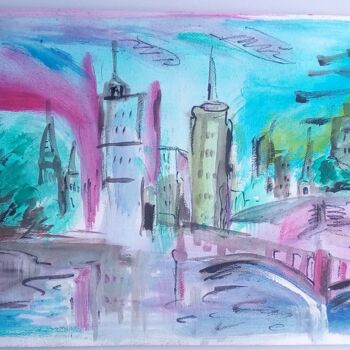 Peinture intitulée "la grande ville" par Laudu, Œuvre d'art originale, Gouache