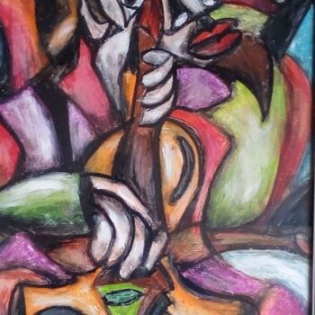 Drawing titled "Le violoncelliste" by Laudu, Original Artwork, Pastel