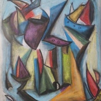 Disegno intitolato "L'ile aux bateaux" da Laudu, Opera d'arte originale, Pastello