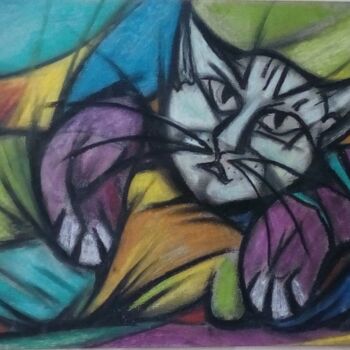 Dessin intitulée "Pas content le chat" par Laudu, Œuvre d'art originale, Pastel