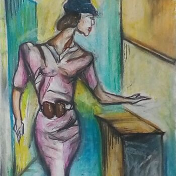 Dessin intitulée "L'hôtesse" par Laudu, Œuvre d'art originale, Pastel