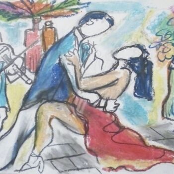 Dessin intitulée "Tango et violoniste" par Laudu, Œuvre d'art originale, Pastel