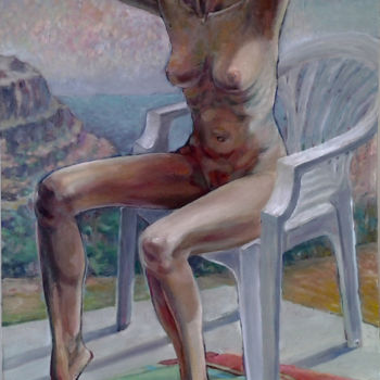 Painting titled "femme sur terrasse" by Darius Laumenis, Original Artwork