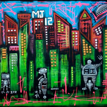 Painting titled "Robo World - City o…" by Laura Barbosa, Original Artwork, Acrylic