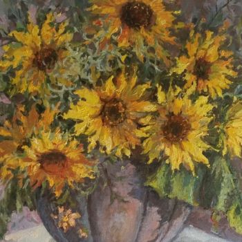 Painting titled "Girasoli di Fuoco" by Laura Luigina Andreuzzi, Original Artwork, Oil Mounted on Wood Panel