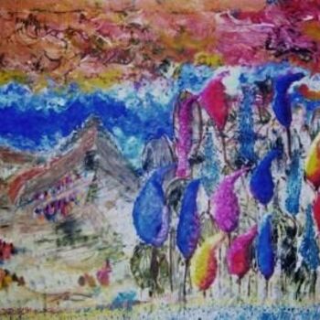 Pintura titulada "Campo con cipreses" por Laura Ruvalcaba, Obra de arte original, Oleo