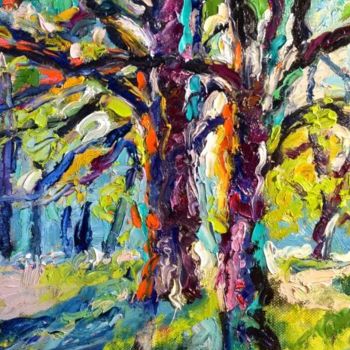 Pittura intitolato "Due alberi nella lu…" da Laura Tedeschi Pittrice, Opera d'arte originale, Olio