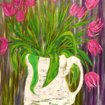 Painting titled "Le pot aux tulipes" by Laure Barlet, Original Artwork, Oil