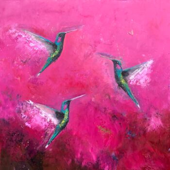 Schilderij getiteld "The Joy of Hummingb…" door Laure Bury, Origineel Kunstwerk, Olie Gemonteerd op Frame voor houten branca…