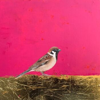 Painting titled "Male Sparrow" by Laure Bury, Original Artwork, Oil Mounted on Wood Stretcher frame