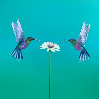 Painting titled "Two Hummingbirds ~…" by Laure Bury, Original Artwork, Oil Mounted on Wood Stretcher frame