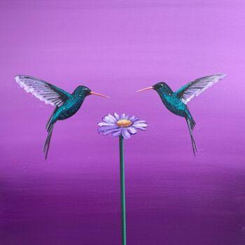 제목이 "Two Hummingbirds ~…"인 미술작품 Laure Bury로, 원작, 기름 나무 들것 프레임에 장착됨