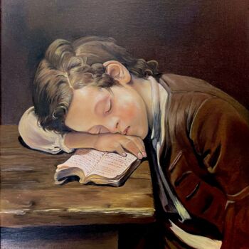 Malerei mit dem Titel "Petit écolier endor…" von Laure Dupuy, Original-Kunstwerk, Öl Auf Keilrahmen aus Holz montiert