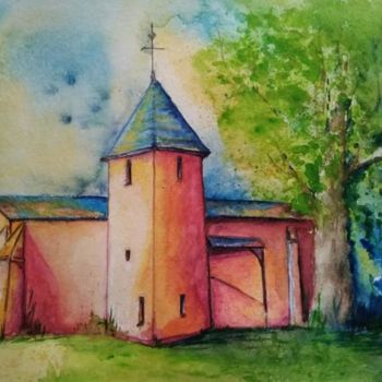 Pintura intitulada "Eglise Saint-Martia…" por Gribouillages Laure Marand, Obras de arte originais, Aquarela