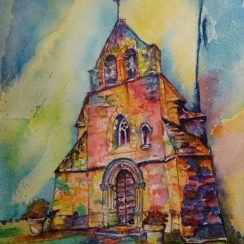 Painting titled "Eglise de Saint-Sym…" by Gribouillages Laure Marand, Original Artwork, Watercolor